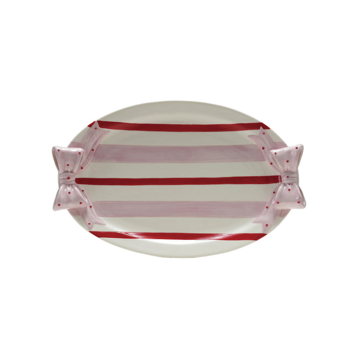 Hand-Painted Stoneware Striped Platter with Polka Dot Bow Shaped Handles