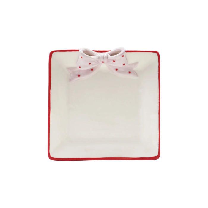 Hand-Painted Stoneware Dish with 3D Polka Dot Bow & Colored Edge, White