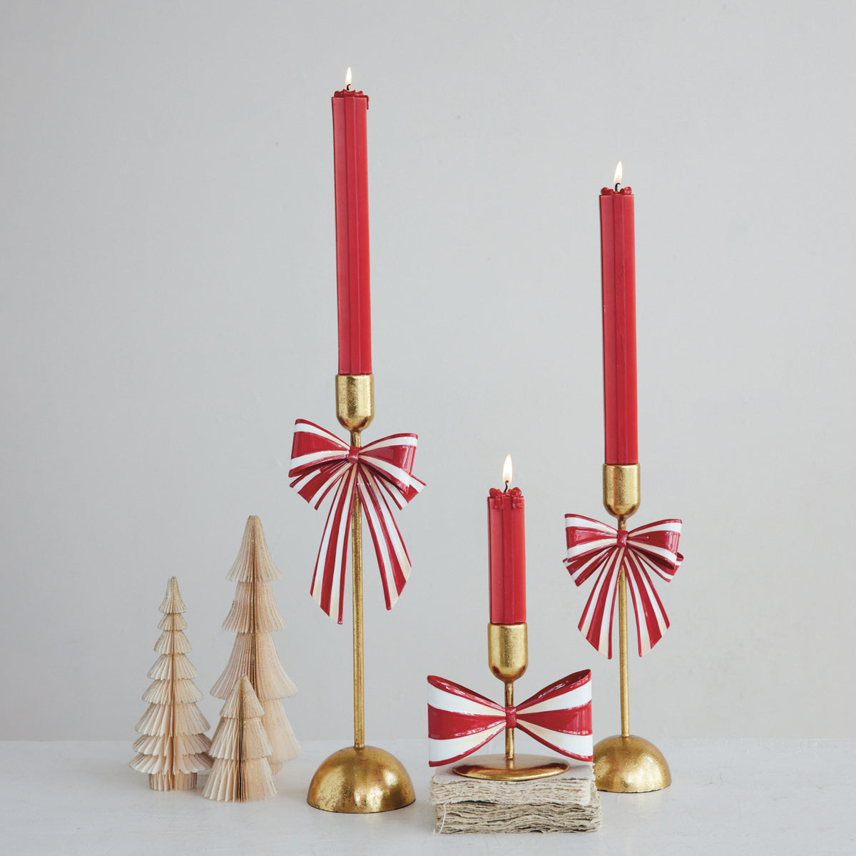 Metal Taper Holder with Striped Bow, Gold Finish, Red & White