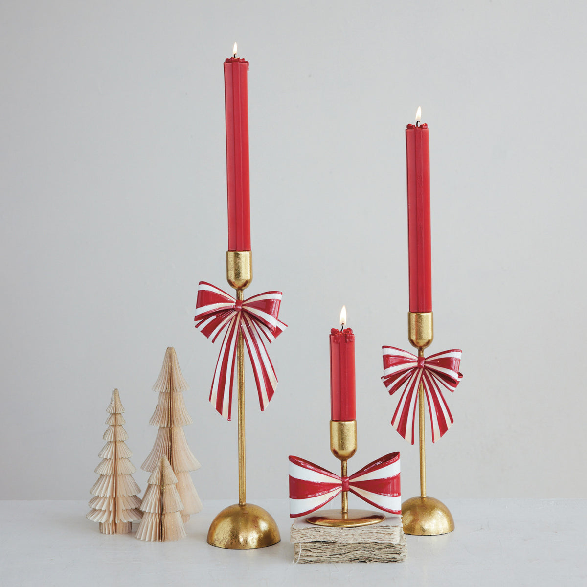 Metal Taper Holder with Striped Bow
