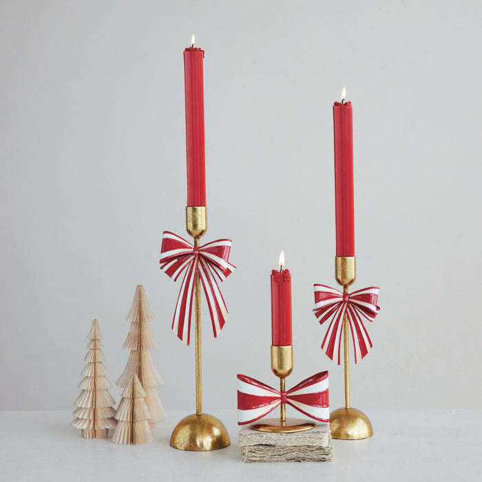 Metal Taper Holder with Striped Bow
