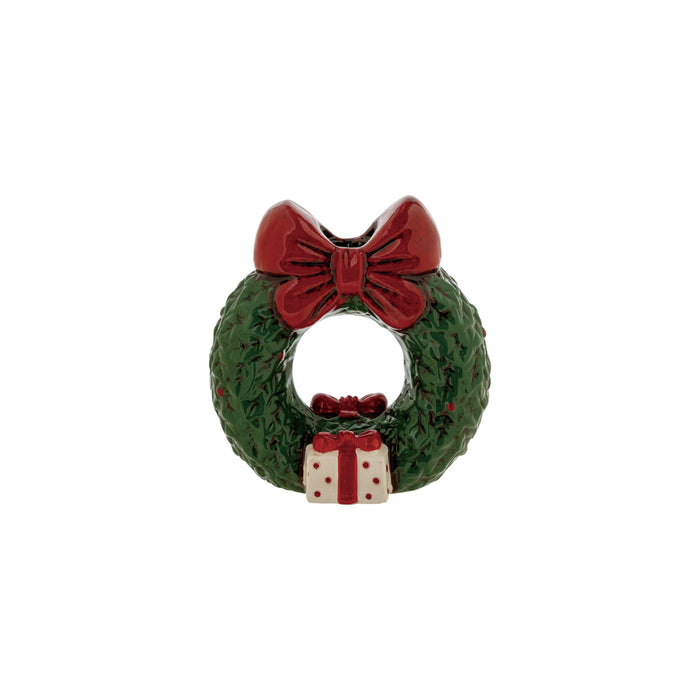 Hand-Painted Ceramic Wreath Shaped Taper Holder with Bow