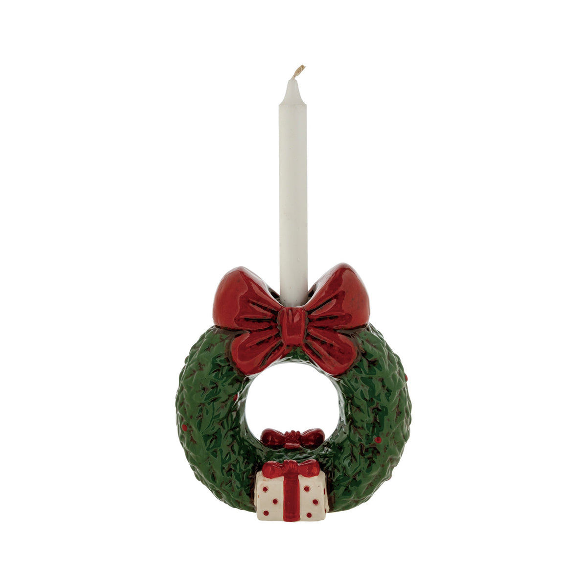 Hand-Painted Ceramic Wreath Shaped Taper Holder with Bow