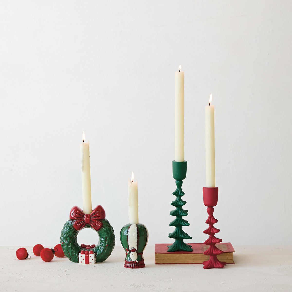 Hand-Painted Ceramic Wreath Shaped Taper Holder with Bow