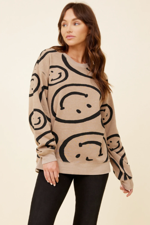 TAUPE W/ BLACK PRINT BURNOUT SMILEY FACE CREW