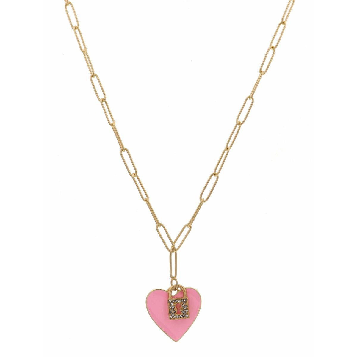 16" Light Pink Heart/Clear Crystal Padlock Charm Necklace