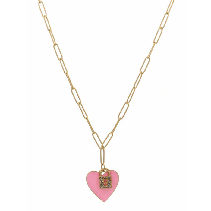16" Light Pink Heart/Clear Crystal Padlock Charm Necklace
