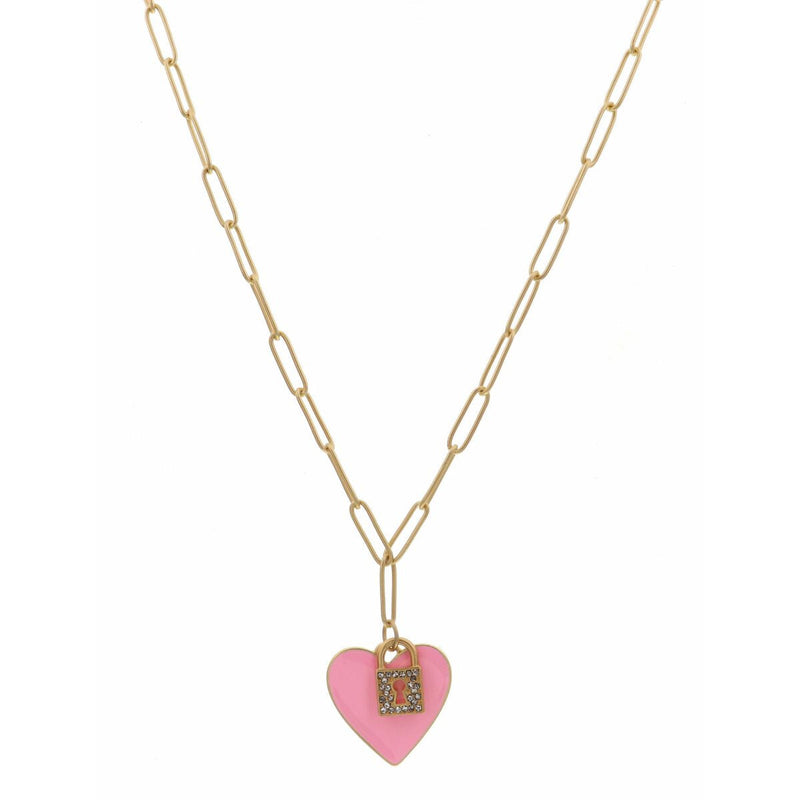 16" Light Pink Heart/Clear Crystal Padlock Charm Necklace