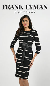 3/4 Sleeve Black/Tan Knit Dress w Leather Belt