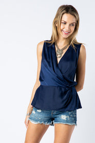 Navy Sleeveless Satin Wrap Top