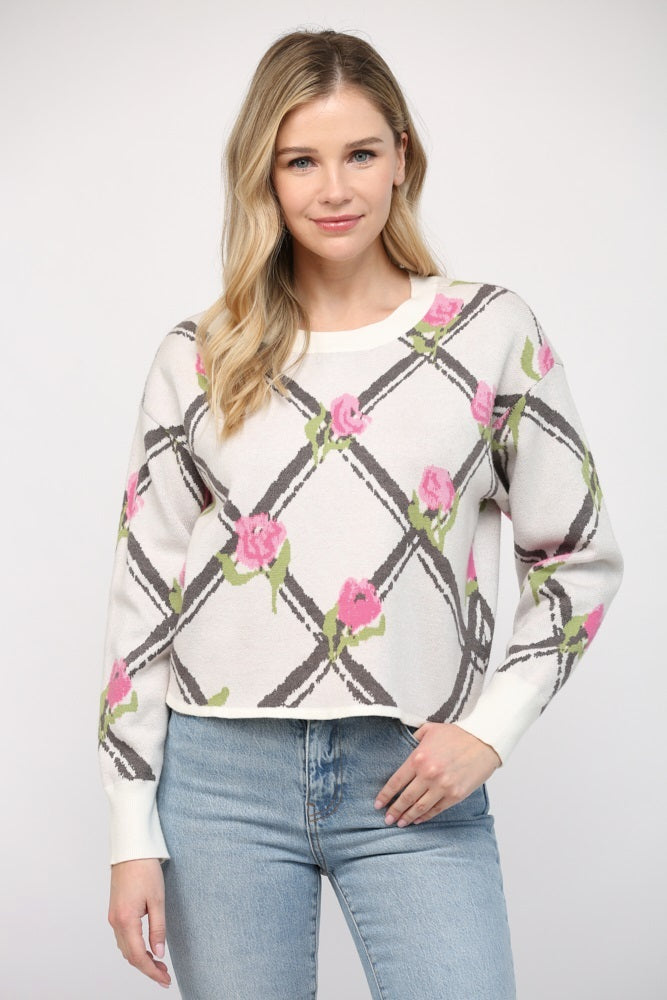FLORAL JACQUARD KNIT PULLOVER SWEATER