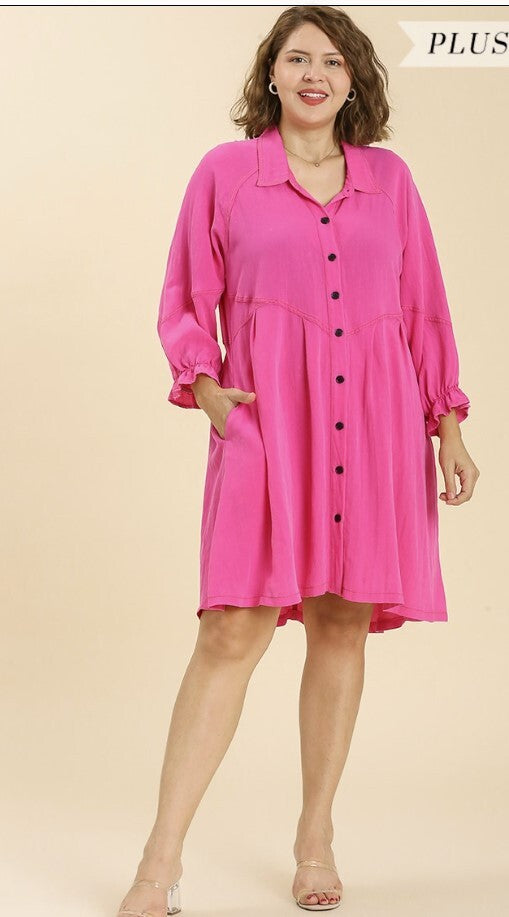 Button Down Ruffled Cuffed Long Sleeve Dress