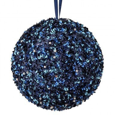 6" SEQUIN/BEAD/GLITTER BALL ORNAMENT MID-BLU