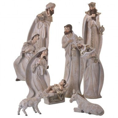 7-18" WHITEWASH NATIVITY W/GOLD TRIM SET/9"