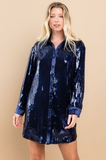 Sequins collared shirt dress with long sleeves-Navy