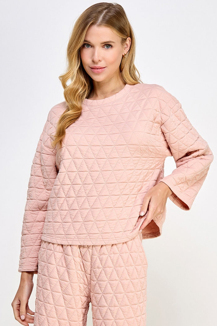 QUILTED LONG SLEEVE TOP-BLUSH