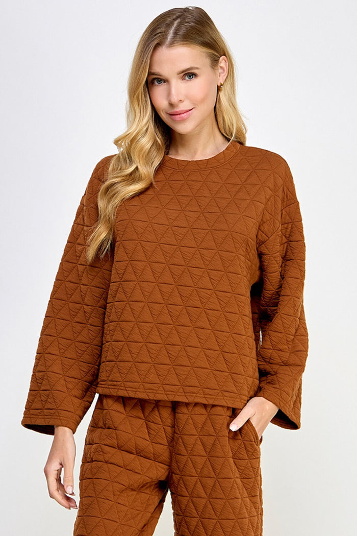 QUILTED LONG SLEEVE TOP-RUST