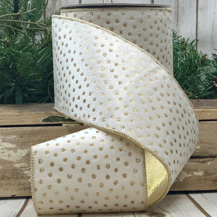 4" x 10yds velvet polka dot gold glitter , white