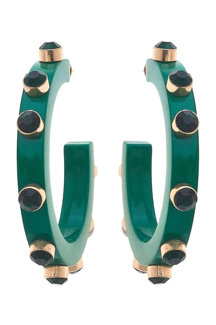 Renee Resin and Rhinestone Hoop Earrings in Green
