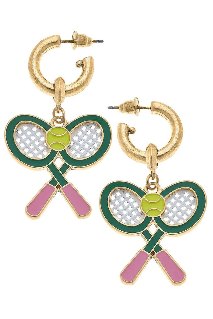 Sloan Tennis Racquet Enamel Drop Hoop Earrings in Green & Pink