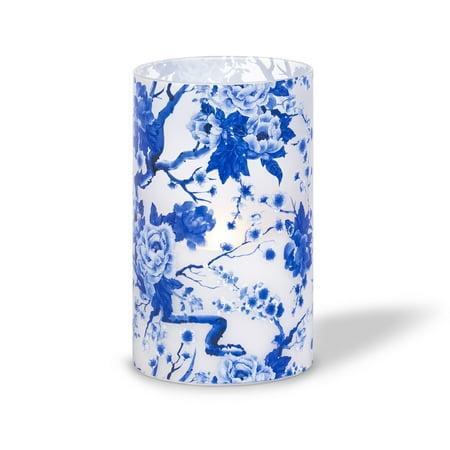 Gerson 5-in D x 8-in H Hand poured Wax Candle in blue floral patterned frosted glass with exclusive Illumaflame™ glow