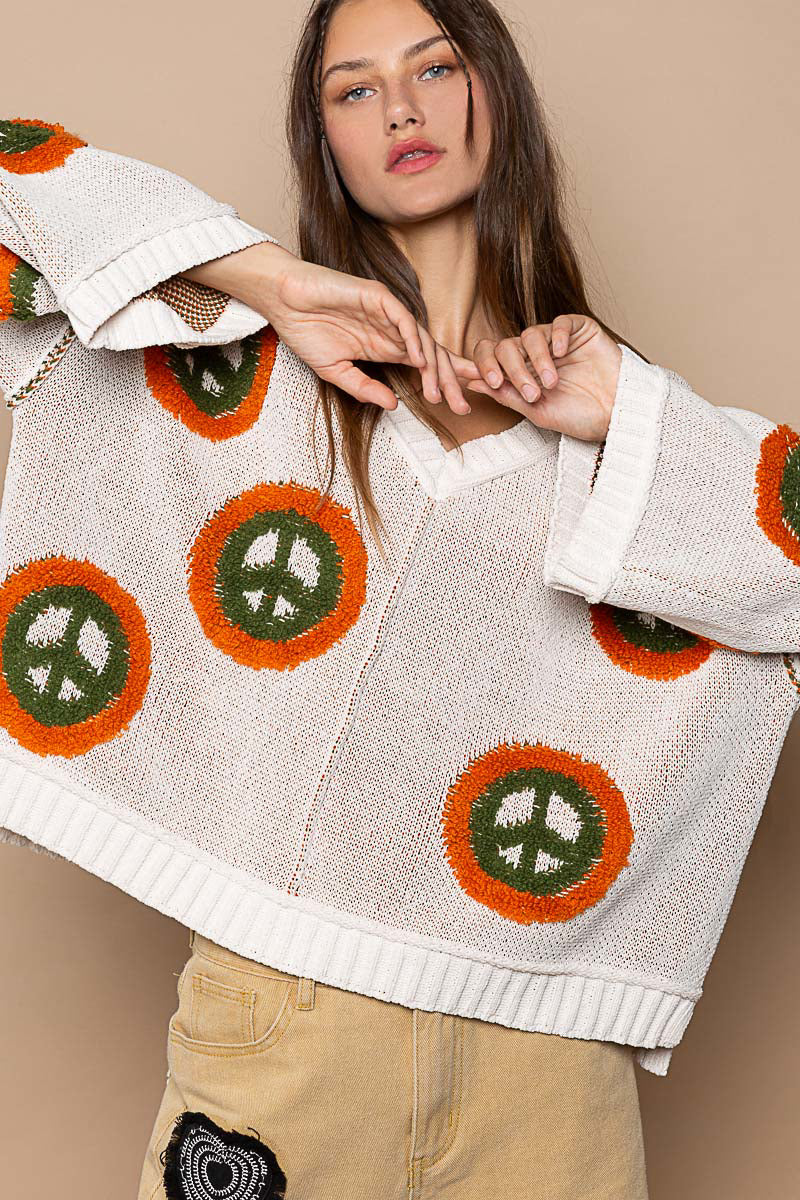V-Neck Long Sleeve Sweater Peace Berber Print