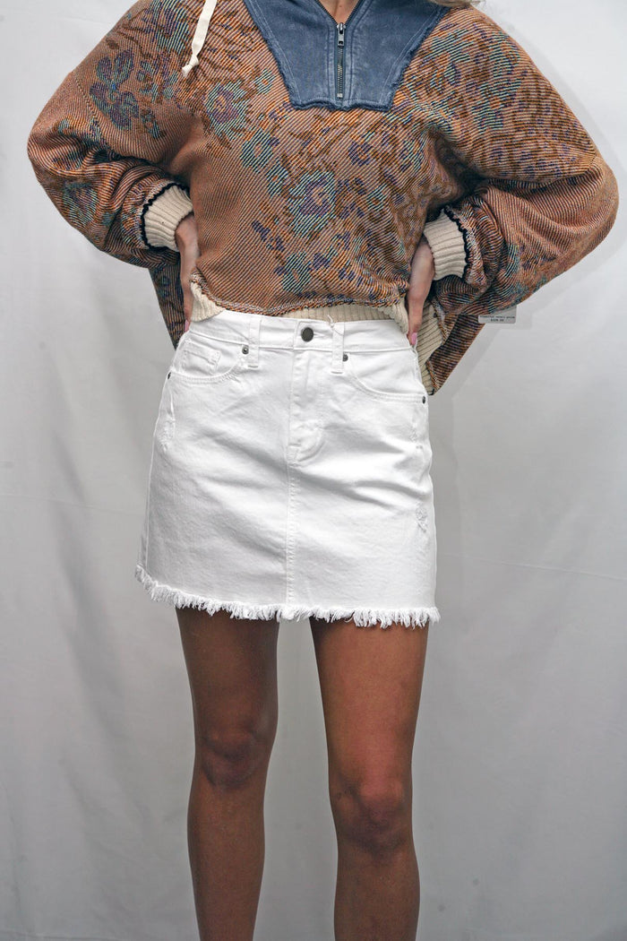 A Line Skirt w Long Frayed Hem White