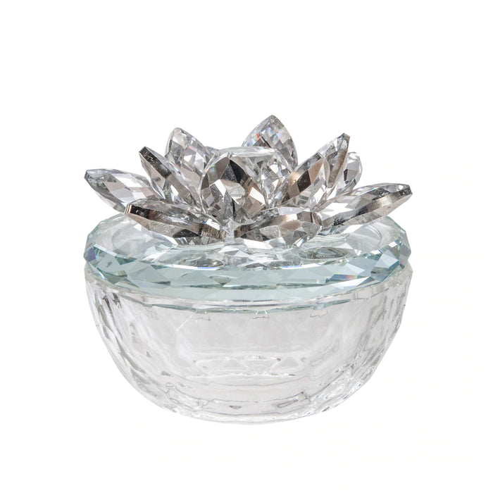 GLASS TRINKET BOX CLEAR W/SILVER LOTUS TOP