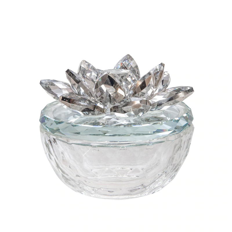 GLASS TRINKET BOX CLEAR W/SILVER LOTUS TOP
