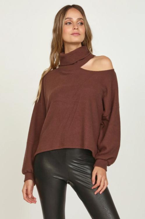 Brown Brushed Rib Cutout Cowlneck Top