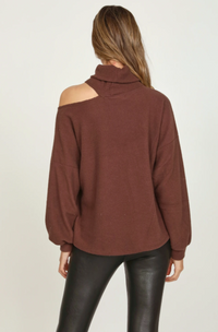Brown Brushed Rib Cutout Cowlneck Top