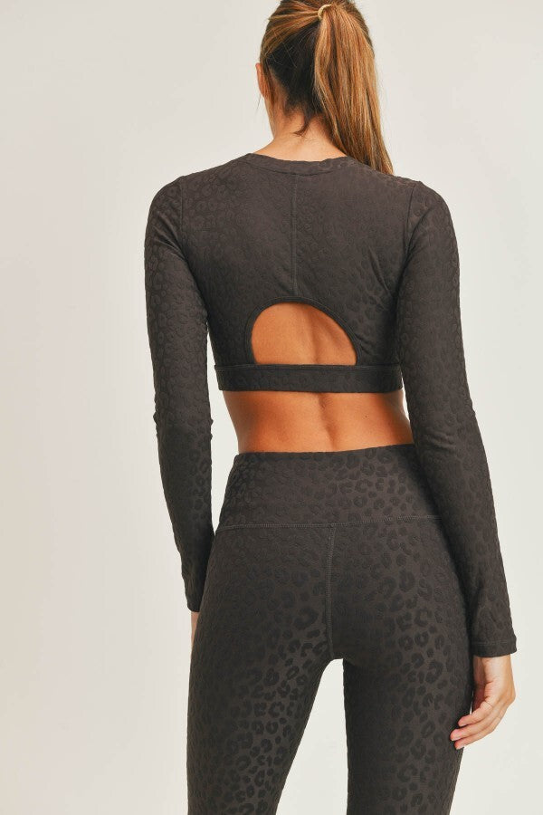 Textured Leopard Jacquard TACTEL® Peekaboo Back Long-Sleeve Crop Top