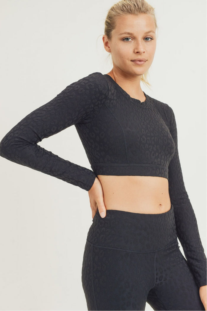 Textured Leopard Jacquard TACTEL® Peekaboo Back Long-Sleeve Crop Top