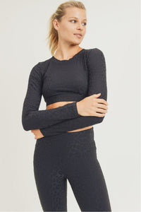 Textured Leopard Jacquard TACTEL® Peekaboo Back Long-Sleeve Crop Top