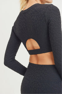 Textured Leopard Jacquard TACTEL® Peekaboo Back Long-Sleeve Crop Top