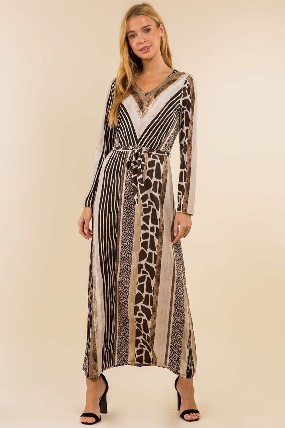 Animal Stripe V-Neck Belted Maxi Dress