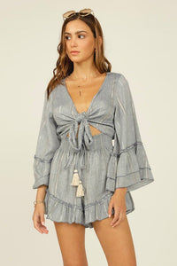 Gold/Denim Stripe Tie Front Ruffle Romper