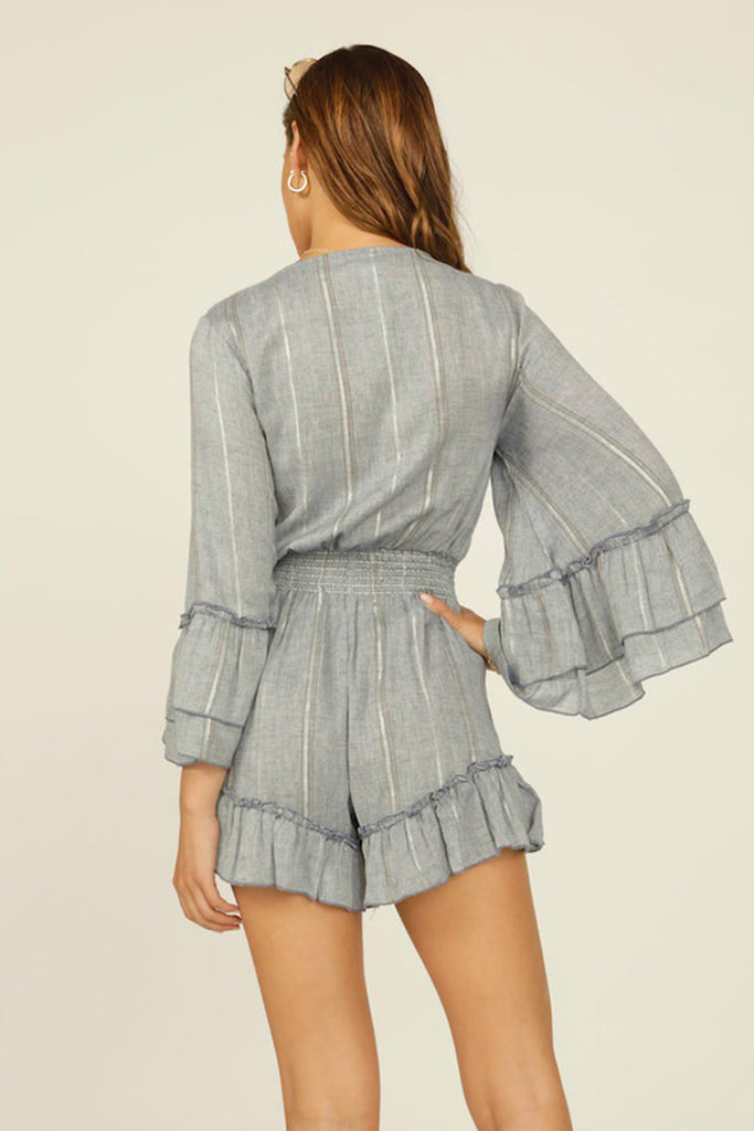 Gold/Denim Stripe Tie Front Ruffle Romper