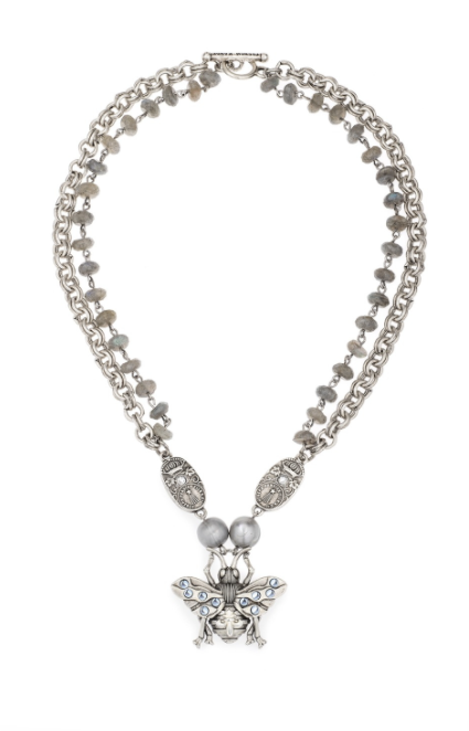 DOUBLE STRAND LABRADORITE AND CHAIN WITH CUVEE AND FK BEE PENDANTS