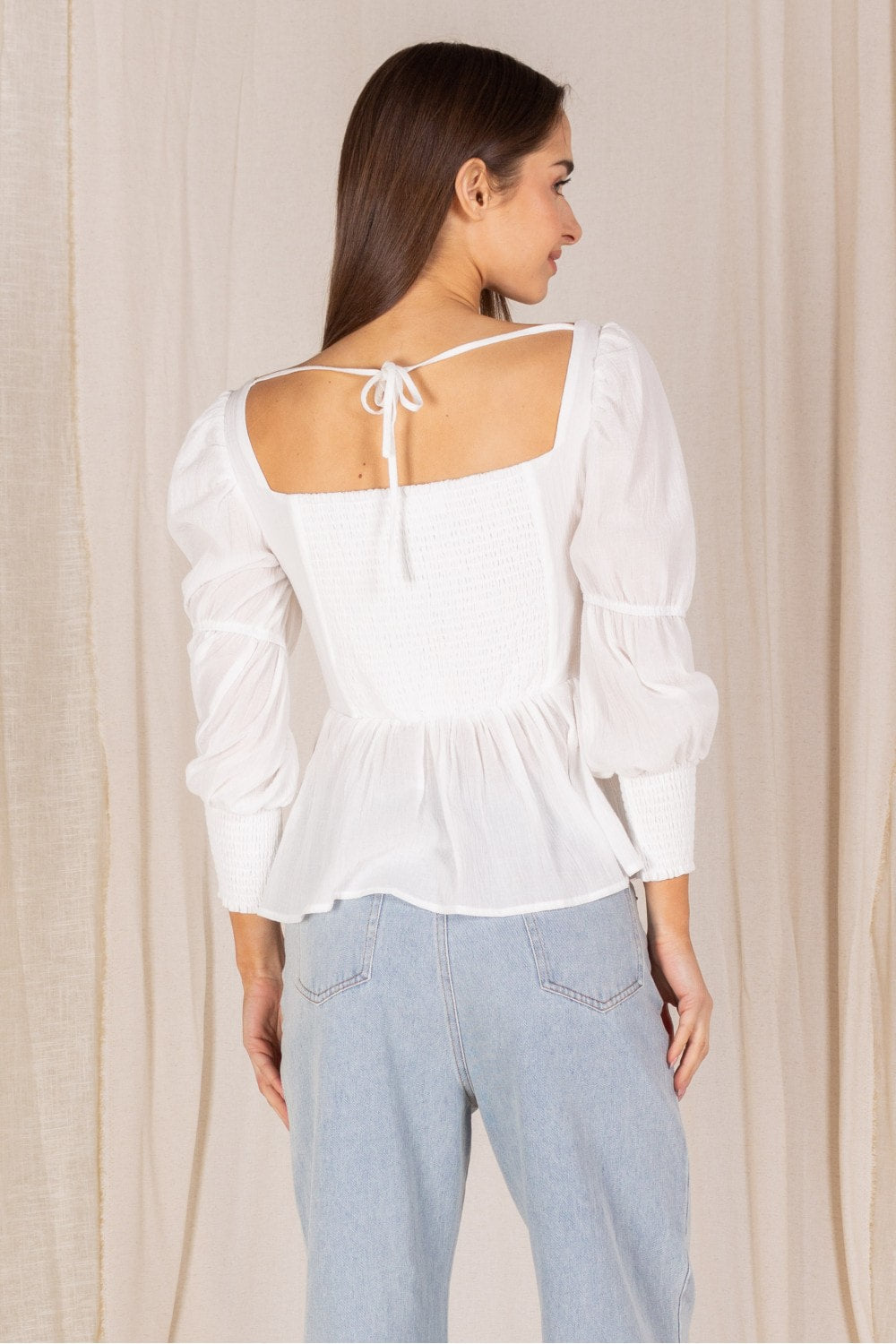 Smocked Cuff Heart Neckline Top